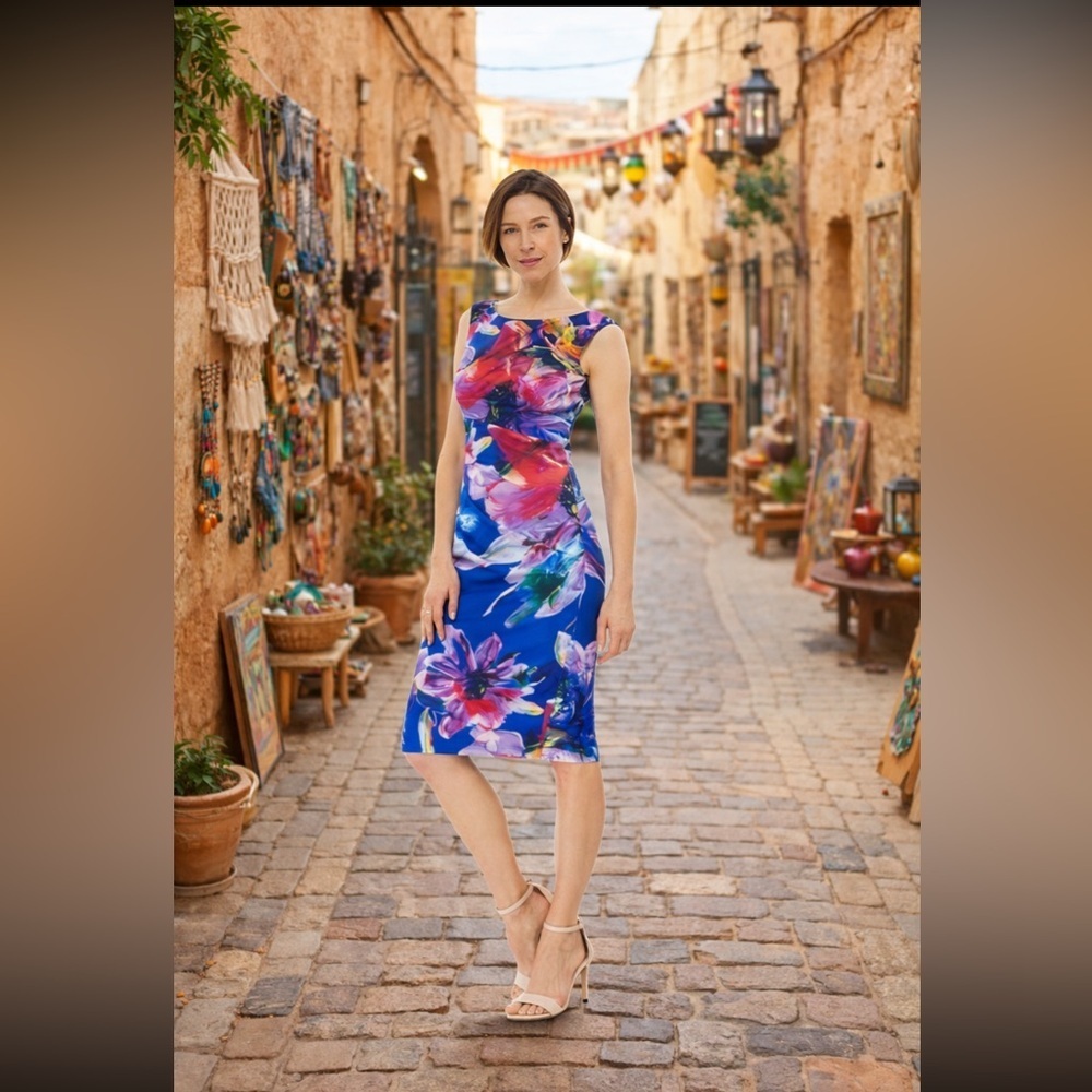 Joseph Ribkoff abstract floral print stretch knit knee-length sheath dress 10.